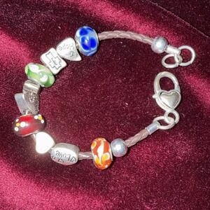 Kim Rogers  Glass Beads Faith Charm Bracelet Leather Cord Silver  7" Multicolor